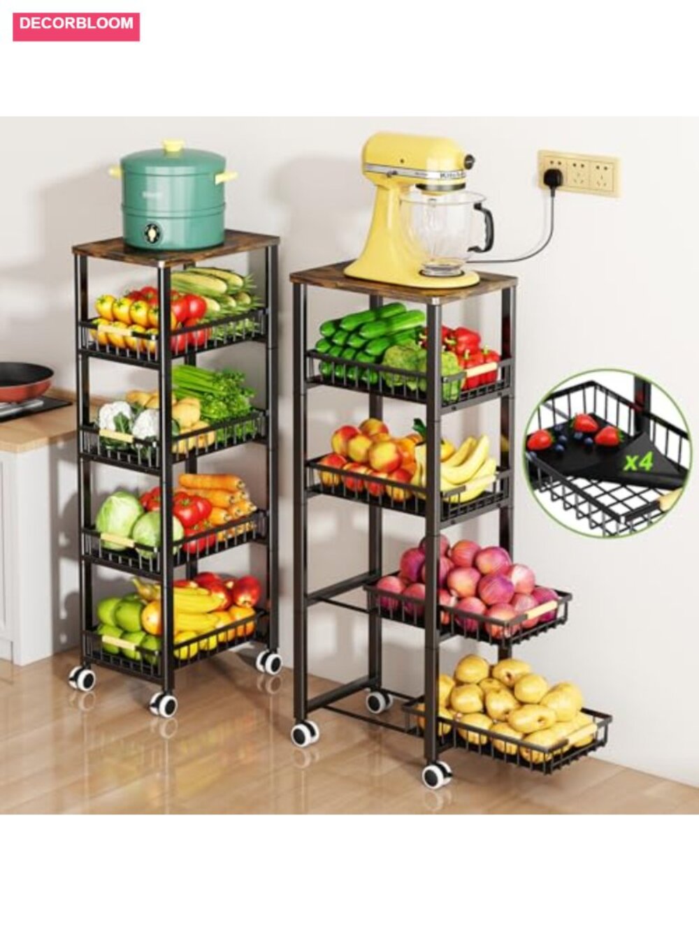 5-Tier Metal Wire Basket Cart Wood Top Pull-Out Baskets with Mats & Wheels